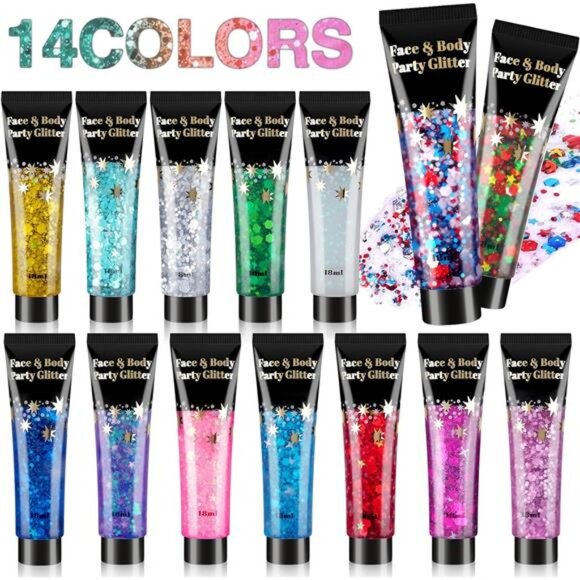 AROIC 14 Colors Body Glitter, Face & Hair Glitter Gel Set for Festival, Eye - Picture 1 of 14